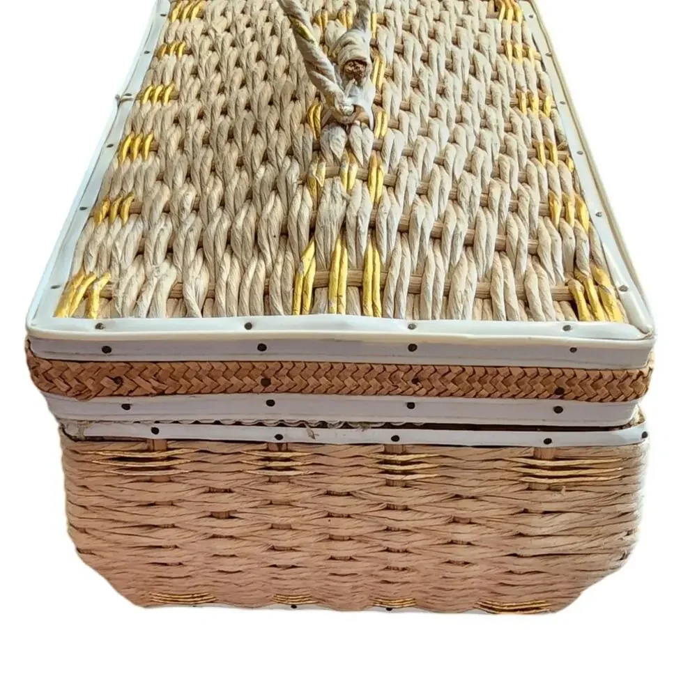 Vintage Natural Woven Fiber Woven Sewing Basket Lined Interior Box
